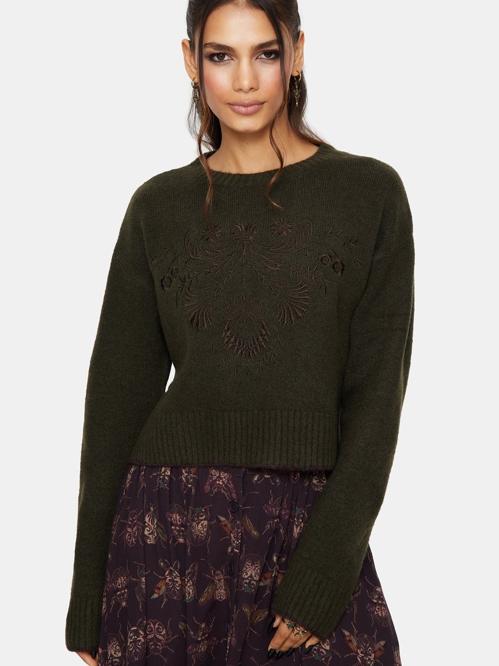 Disturbia Eclipsia Dark Green Embroidered Crewneck Sweater Cropped Fit | NWT | M